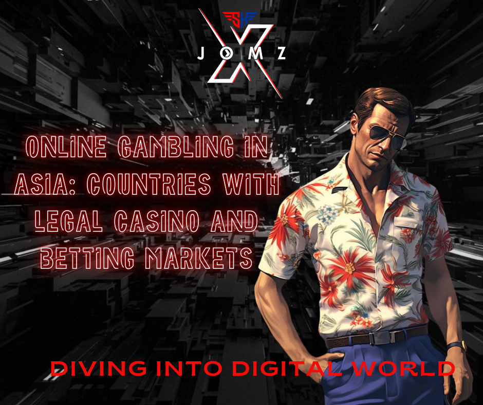 Stylish man beside neon text about legal online gambling markets in Asia โ SKJOMZ brand theme