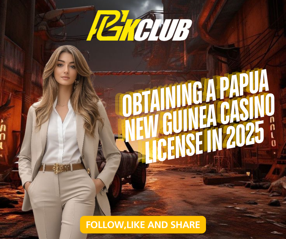 Professional woman stands confidently in a city alley with text: "PGKCLUB β PNG Casino License 2025".