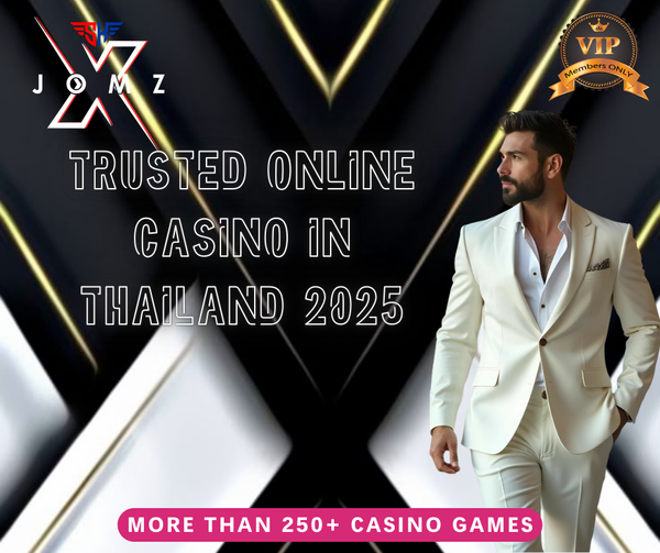 alt="Promotional banner for JOMZ, a trusted online casino in Thailand 2025, featuring a man in a white suit, VIP badge, and bold text promoting 250+ casino games"
