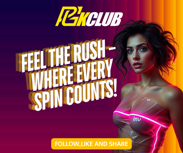 PGKCLUB ad with neon-themed woman and bold slogan about spin wins