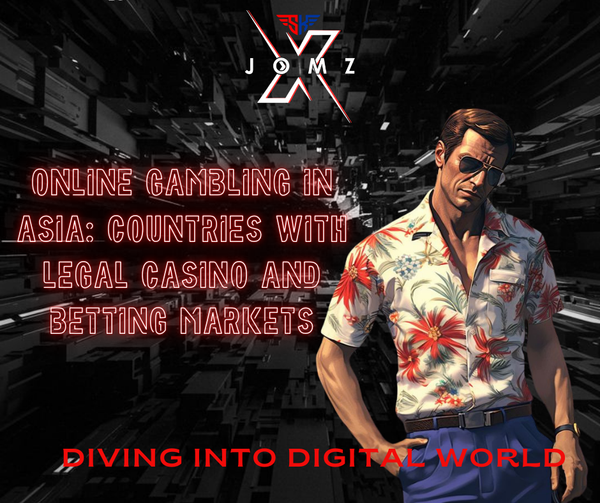 Stylish man beside neon text about legal online gambling markets in Asia – SKJOMZ brand theme
