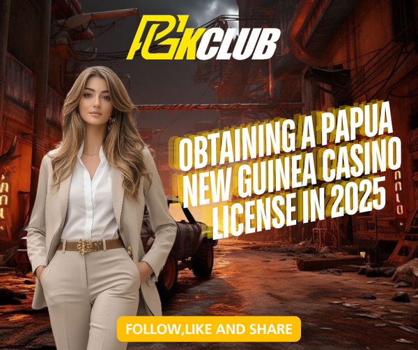 Professional woman stands confidently in a city alley with text: "PGKCLUB – PNG Casino License 2025".