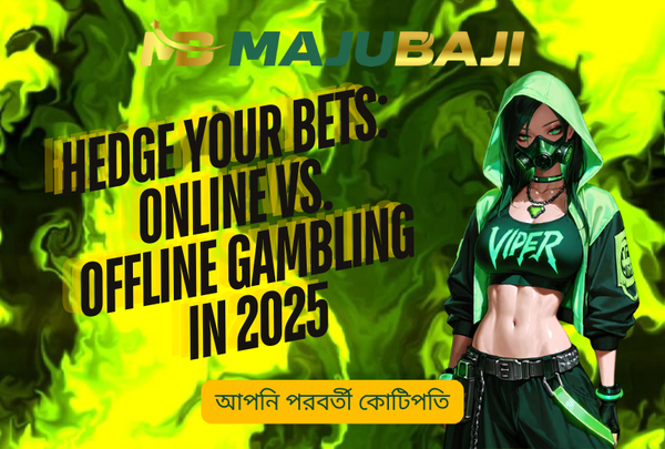 Woman in green outfit promoting online vs. offline gambling debate for Majubaji in 2025